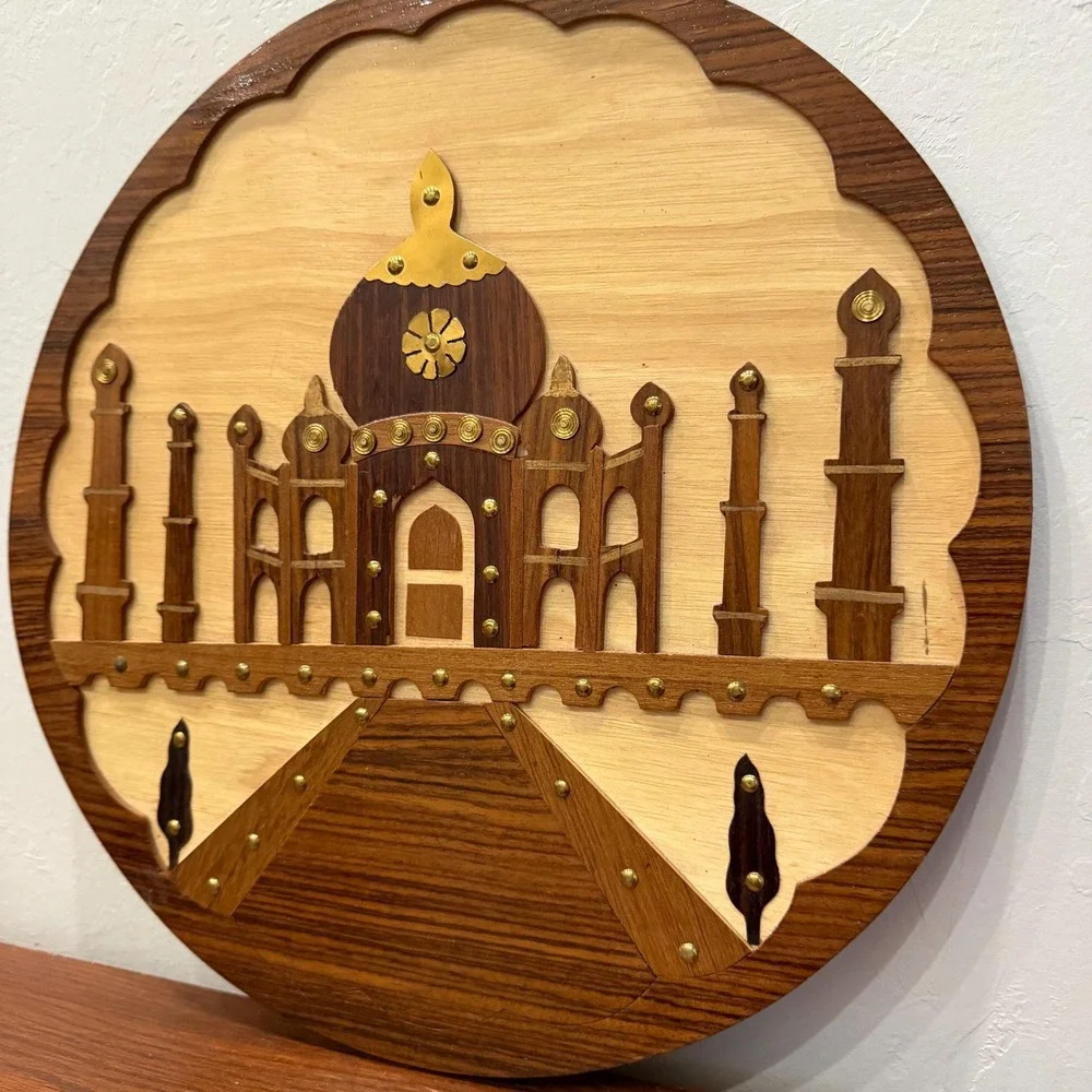 Vintage Indian‎ Taj Mahal Wood Inlay Wall Plaque Round Brass Studded Handmade